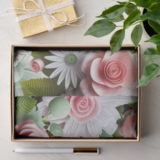 Mousseline Fleurs en papier rose et vert printemps (Cadeau)
