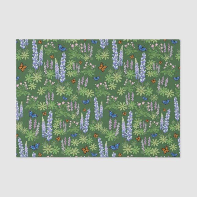 Mousseline Fleurs et papillons découpage papier tissu lupin (Recto)