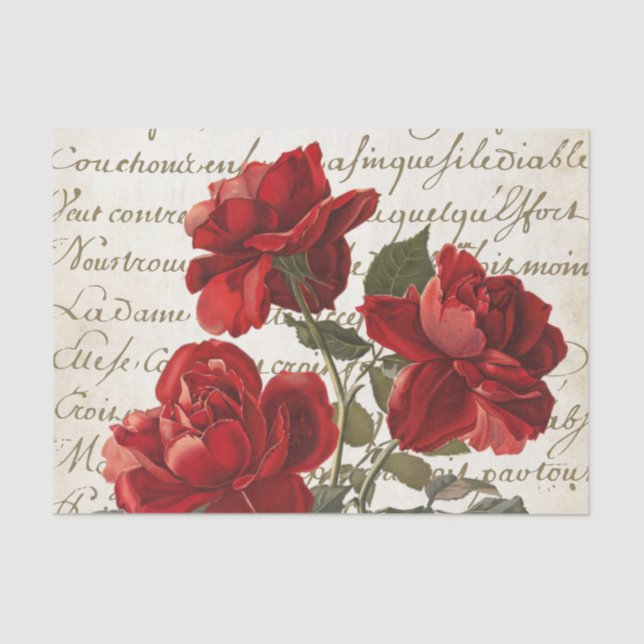 Mousseline Français Script Rose rouge Floral papier Tissu Vin (Recto)