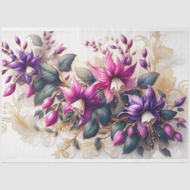 Mousseline Fuchsia Flora Découpage Papier Tissu (Recto)