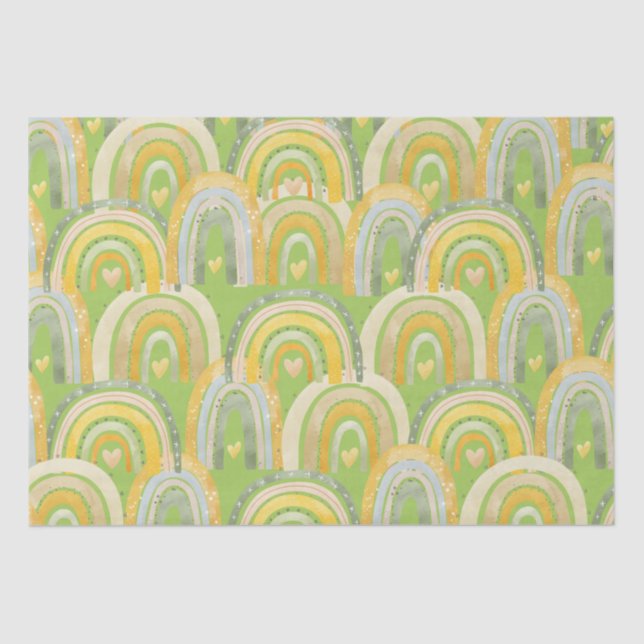 Mousseline Happy Rainbows Coeurs Jaune Vert Tissu Papier (Recto)