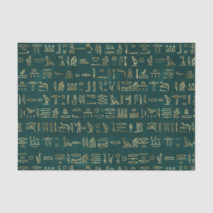 Mousseline Héroglyphes égyptiens vert et or Papier de tissus