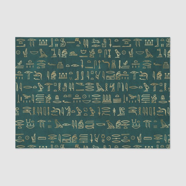 Mousseline Héroglyphes égyptiens vert et or Papier de tissus (Recto)