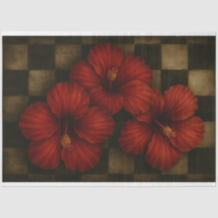 Mousseline Hibiscus rouge sur papier découpage en damier viei