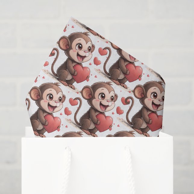Mousseline Joyeuse Saint-Valentin Papier Tissu Singe Cœurs (Sac cadeau)