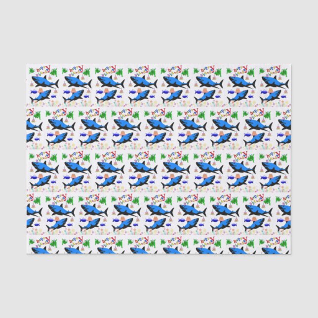 Mousseline Joyeux Anniversaire Papier Tissu Requin (Recto)