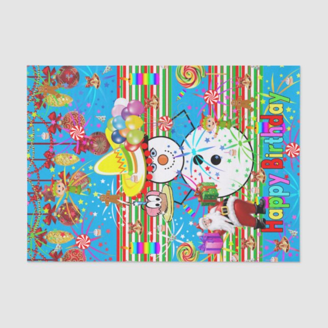 Mousseline Joyeux Anniversaire Tissu Papier de Noël Snowman (Recto)