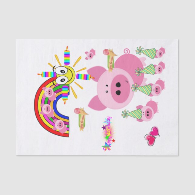 Mousseline Joyeux Anniversaire Tissu Papier Pink Pig (Recto)