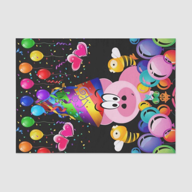 Mousseline Joyeux Anniversaire Tissu Papier rose Cochon Bumbl (Recto)