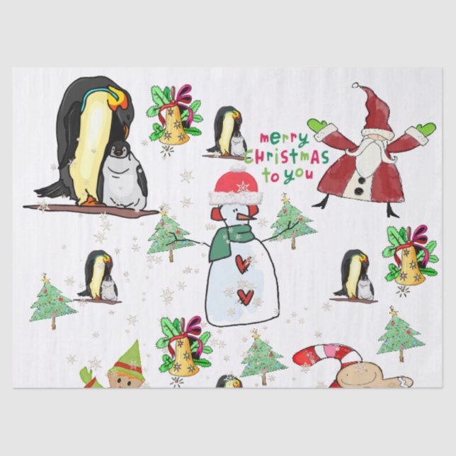 Mousseline Joyeux Noël Tissu Papier Snowman Penguin (Recto)