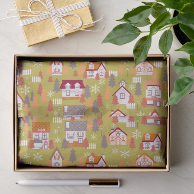 Mousseline Maisons de Noël Papier d'emballage vert (Cadeau)