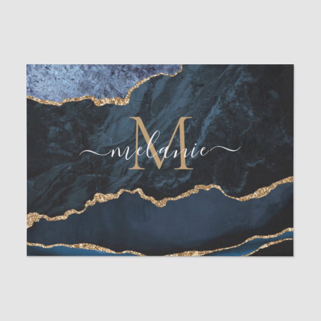 Mousseline Marbre bleu marine or Monogramme Nom Papier de tis (Recto)