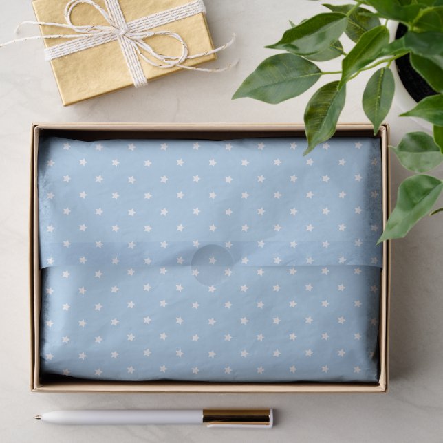 Mousseline Micro Stars Blanc - Papier Tissu Bleu Bébé (Cadeau)