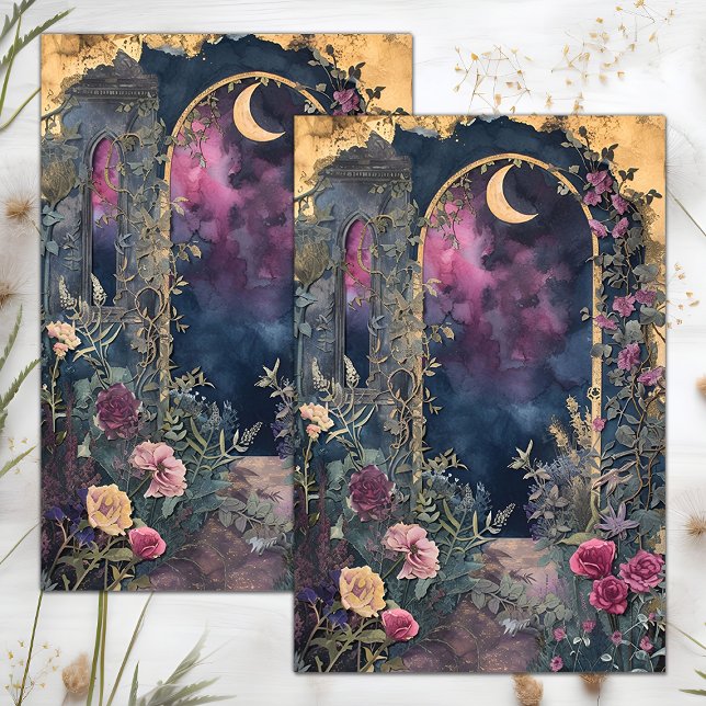 MOUSSELINE MINUIT LUNE JARDIN DÉCOUPAGE TISSUE PAPIER (MIDNIGHT MOON GARDEN DECOUPAGE TISSUE PAPER)