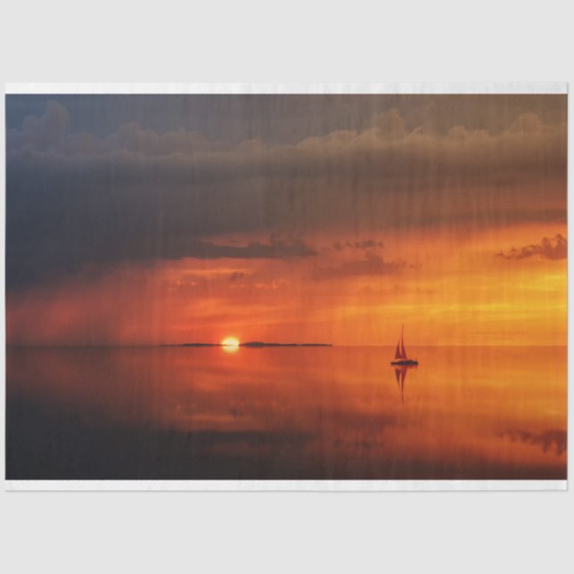 Mousseline Ocean Red Sunset Sailboat Decoupage Tissu Papier (Recto)