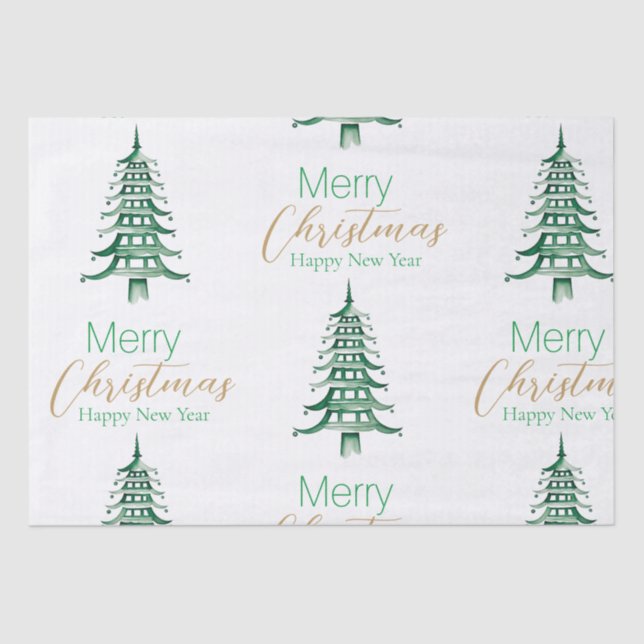 Mousseline Pagode verte Arbre de Noël Papier Tissu (Recto)