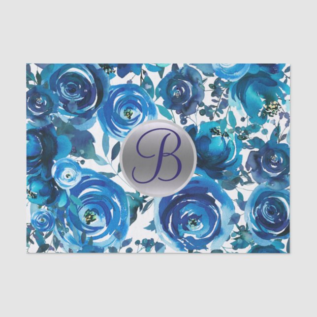 Mousseline Papier à Lettre Monogramme Floral Indigo Bleu Init (Recto)