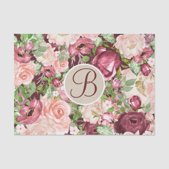 Mousseline Papier à lettre monogramme floral rustique Marsala (Recto)