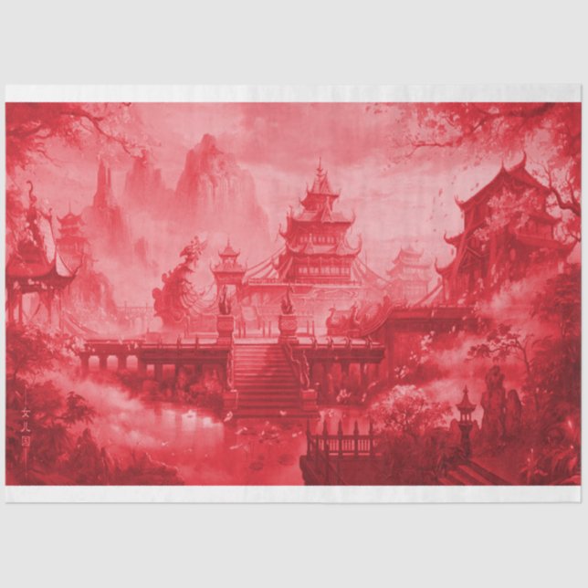 Mousseline Papier de découpage asiatique Pagode Rouge (Recto)