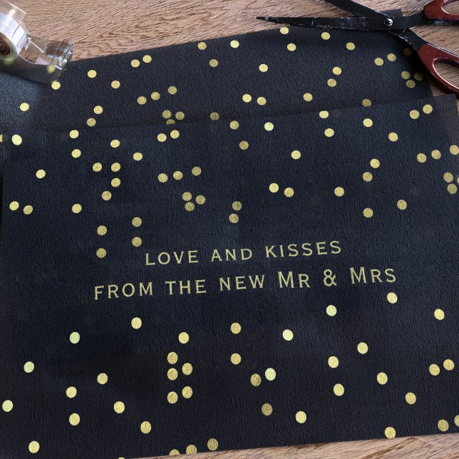 Mousseline Papier de papier de fond de Merci Confetti Noir et (Faux gold confetti sprinkles on black tissue paper with space for a short message.)
