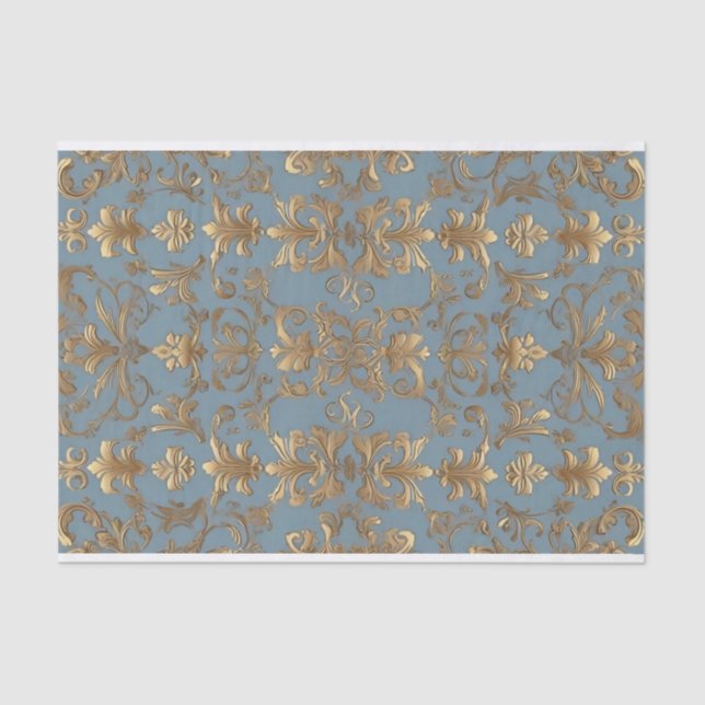 Mousseline Papier de papier tissu Pale Blue and Gold Damask (Recto)