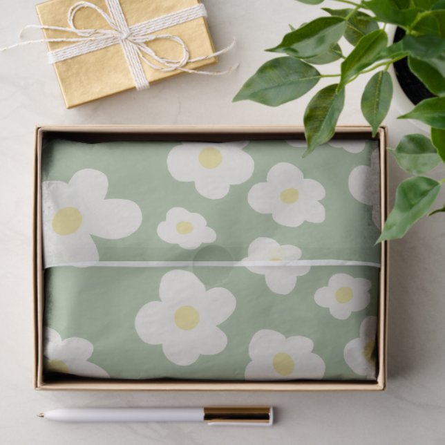 Mousseline Papier de soie, vert avec des fleurs blanches. (Cadeau)