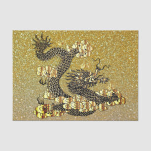 Mousseline Papier de tissu de dragon chinois noir et or