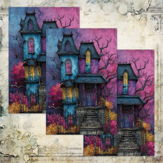 MOUSSELINE PAPIER DE TISSU DE LA MAISON HAUNÉE VIBRANT (VIBRANT HAUNTED HOUSE DECOUPAGE TISSUE PAPER)