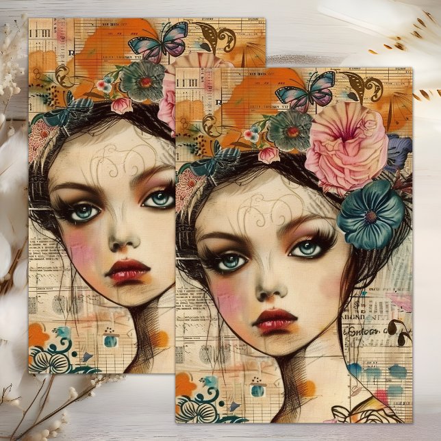 MOUSSELINE PAPIER DE TISSU DÉCOUPAGE DE LA FILLE FLEUVE BOHO (BOHO FLOWER GIRL DECOUPAGE TISSUE PAPER)