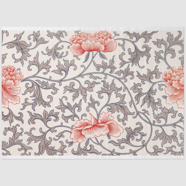 Mousseline Papier de tissu floral gris et corail (Recto)