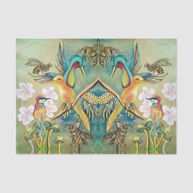 Mousseline papier de tissu peint par les oiseaux et les abeil (Recto)