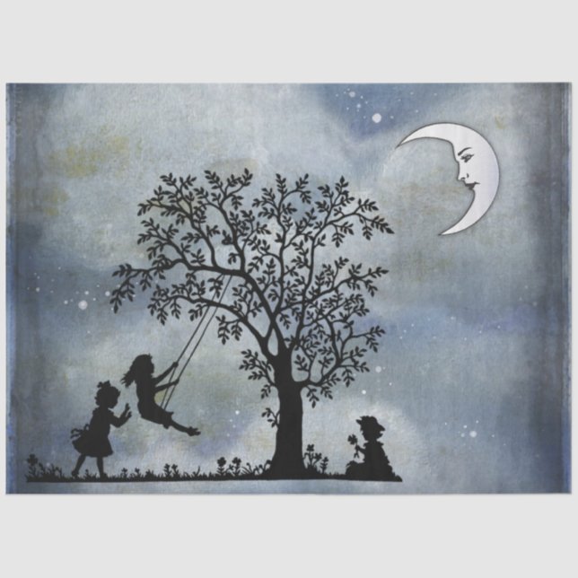 Mousseline Papier de tissus avec lune et enfants jouant (Recto)