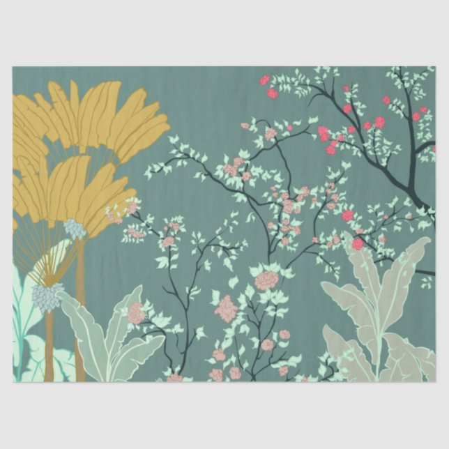 Mousseline Papier de tissus fleuri Green Palm Chinoiserie (Recto)