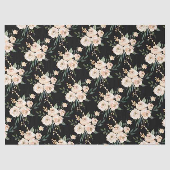 Mousseline Papier de tissus Mariage noir beige floral (Recto)