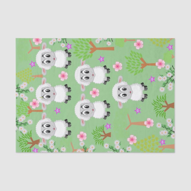 Mousseline Papier de tissus Moutons verts arbres (Recto)