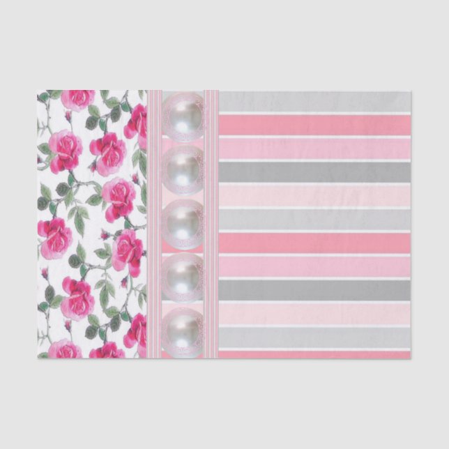Mousseline Papier de tissus rayures florales roses (Recto)