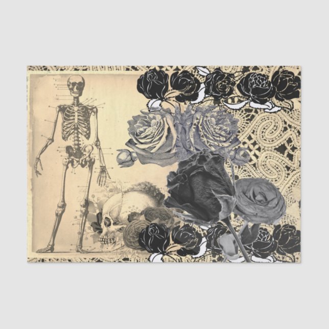Mousseline Papier de tissus SQUELETTES ET ROSES NOIRS (Recto)