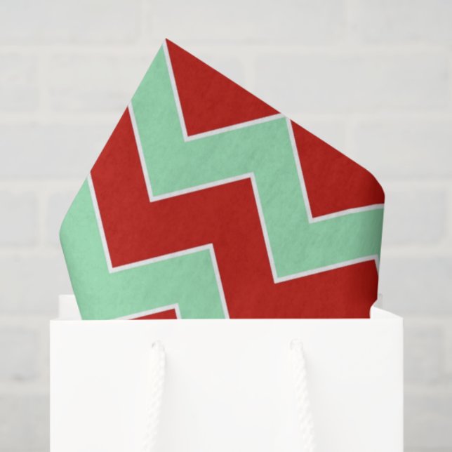 Mousseline Papier de tissus Zigzag vert rouge et menthe (Sac cadeau)