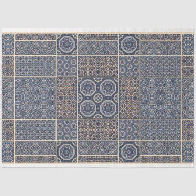 Mousseline Papier décadré en carreaux de dessin bleu marocain (Recto)