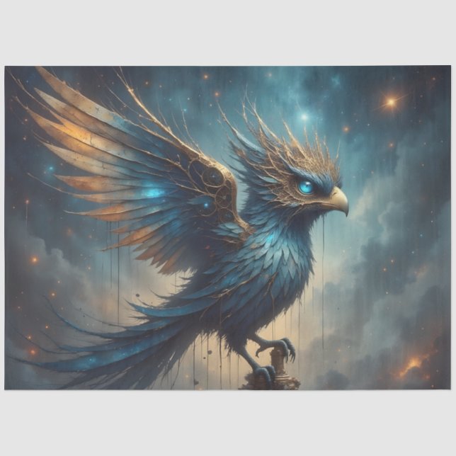 Mousseline Papier découpage oiseau phénix bleu fantaisie (Recto)