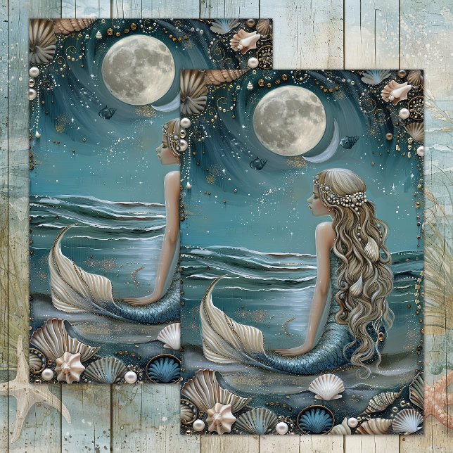 MOUSSELINE PAPIER DÉCOUPAGE TISSU SIRÈNE AU CLAIR DE LUNE (MERMAID BY MOONLIGHT DECOUPAGE TISSUE PAPER)