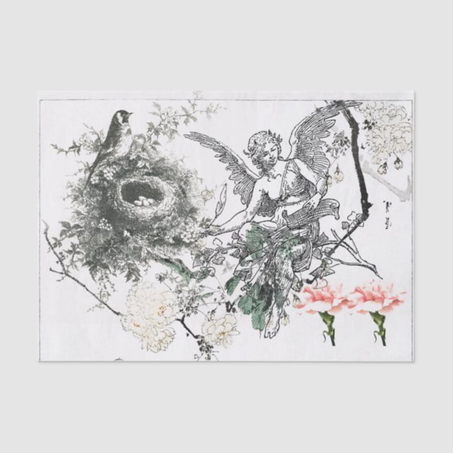 MOUSSELINE PAPIER EN TISSU AVEC ANGEL ET OISEAUX (Recto)