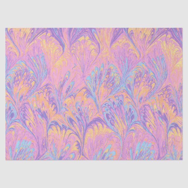 MOUSSELINE PAPIER MARBRÉ, MOTIF ABSTRACT DE PAON ROSE BLEU (Recto)