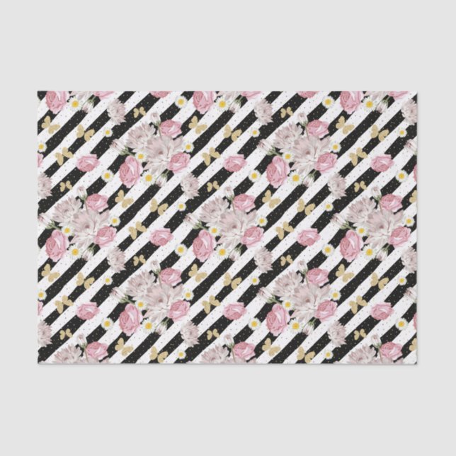 Mousseline Papier papillon Rose Marguerite Fleur Black White  (Recto)