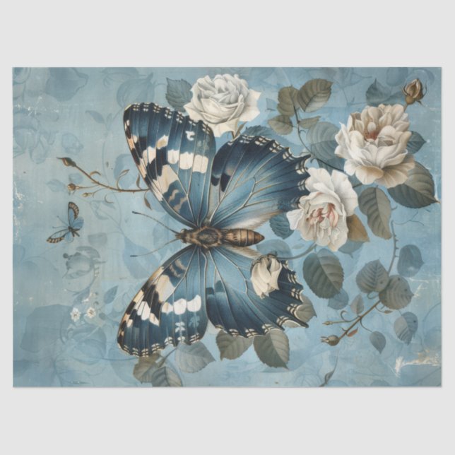Mousseline Papier Shabby chic bleu papillon & rose (Recto)