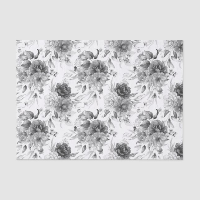 Mousseline Papier Tissu (3) Motif Sm Peonies Noires et Blanch (Recto)