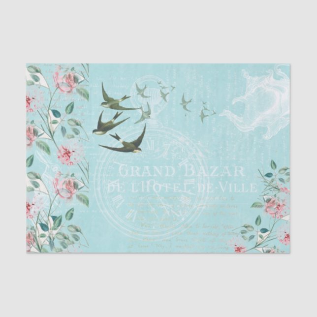 Mousseline Papier Tissu Aqua Rose vintage Swallow (Recto)