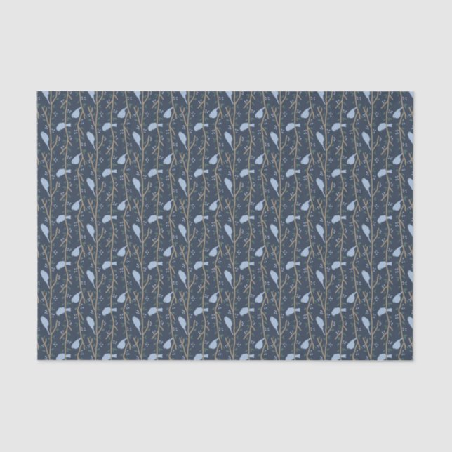 Mousseline Papier Tissu Bleu Oiseaux (Recto)