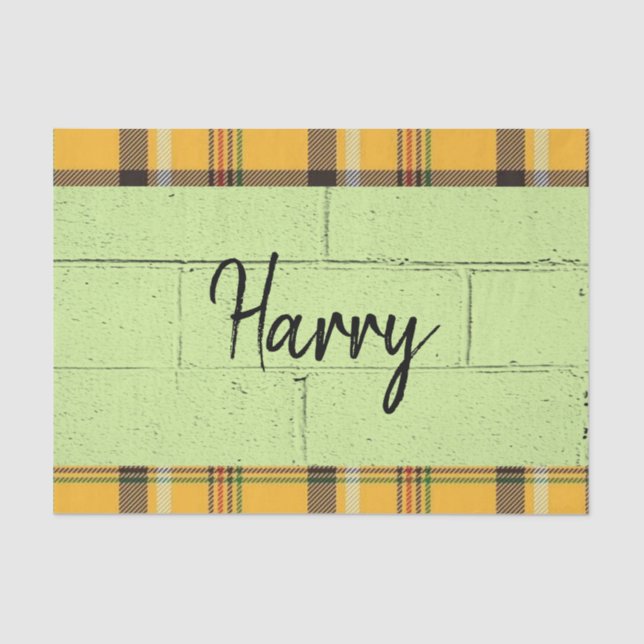 Mousseline Papier Tissu Brûlé Orange Plaid Vert (Recto)