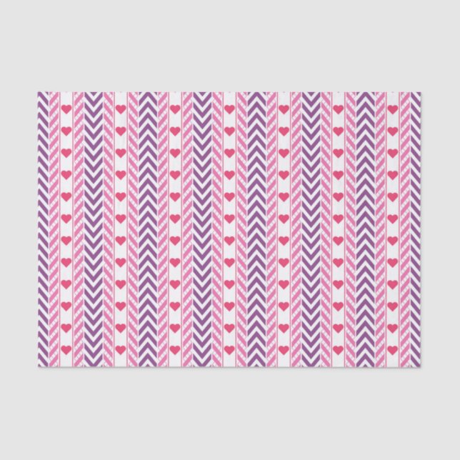 Mousseline Papier Tissu Coeurs rouges et Chevrons pourpres (Recto)